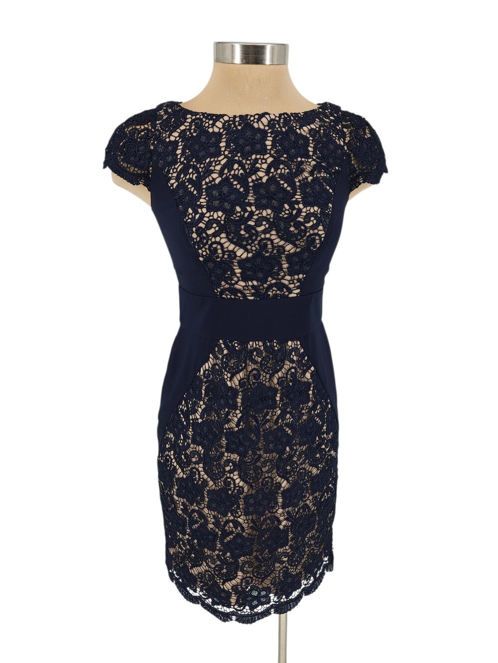 Jessica Simpson Sheath Dress Navy Blue Floral Lace Short Sleeve Zip Back 2